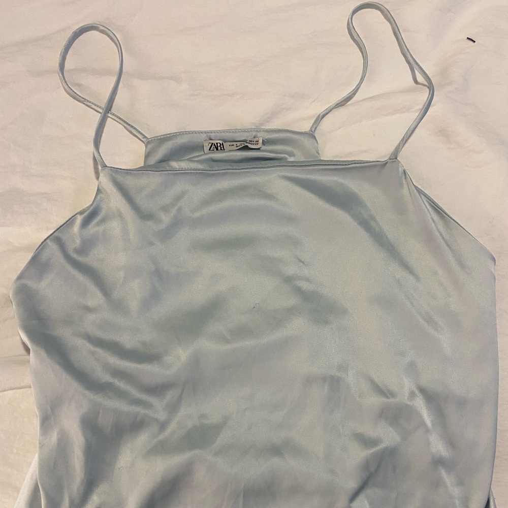 ZARA satin / silk top with spaghetti straps size small in baby blue